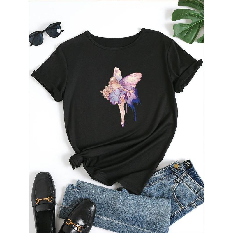 European Size Plus Size, Whimsical Fairy Graphic Women's T-Shirt - Casual Black Short Sleeve Round Neck, Stretchy Blend, Embossed Floral