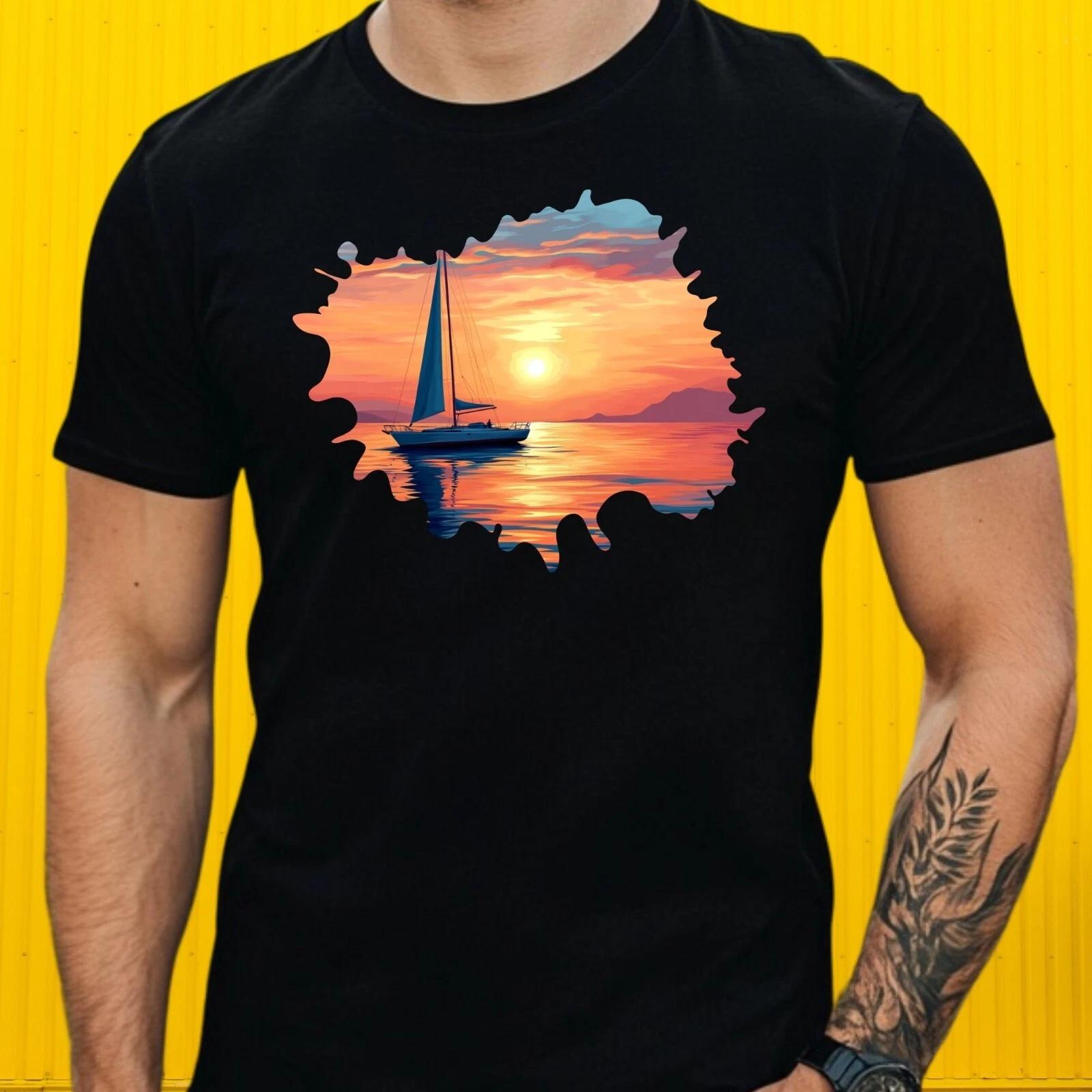 T-Shirt Herren Segelboot Sonnenuntergang Motiv Baumwolle Größe S bis 5XL XS