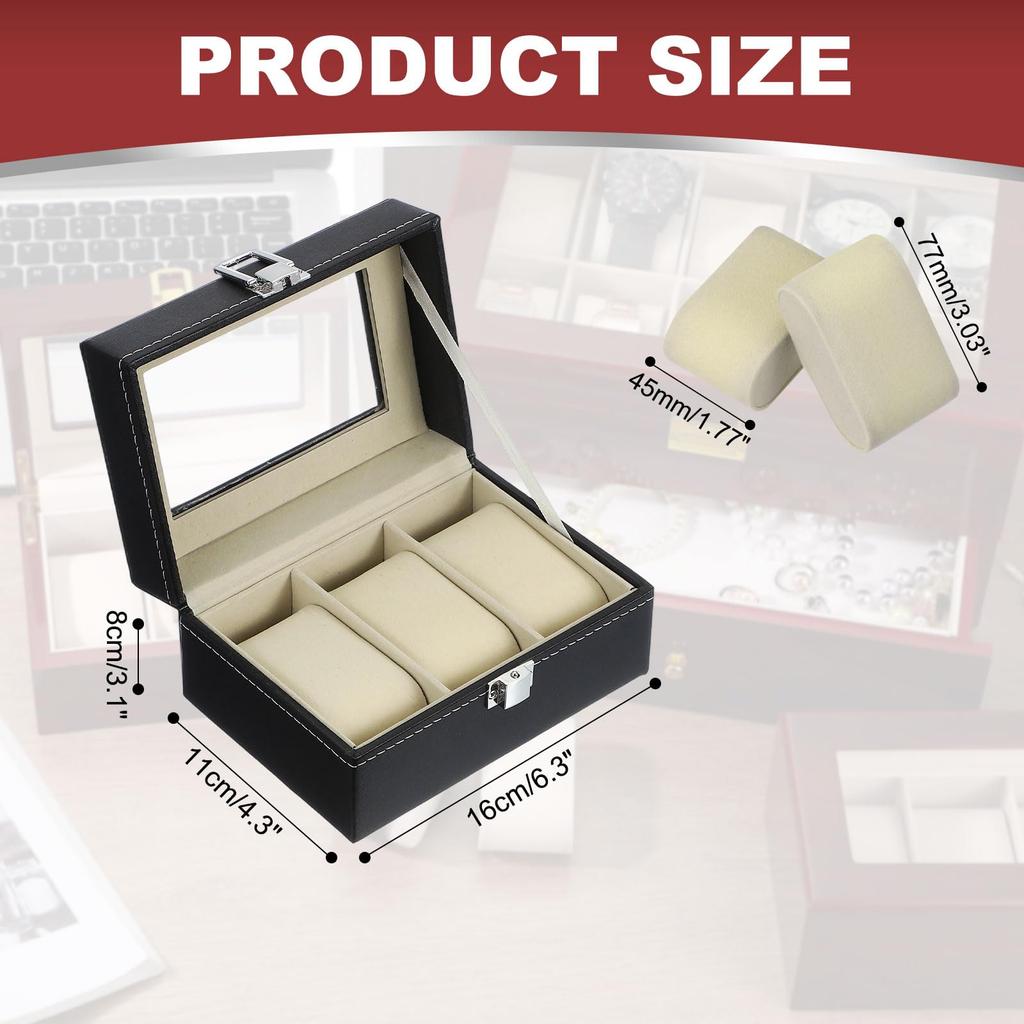 Uxcell 3-Slot Watch Storage Box with Glass Cover, Men's Watch Box, Removable Watch Pillow, Wooden Watch Box, BlackBeige