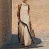 Women Color Block Cotton Linen Two-Piece Outfit Asymmetrical Hem Mock Neck Sleeveless Top Wide-Leg Pants Vacation Lounge Sets