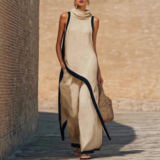 Women Color Block Cotton Linen Two-Piece Outfit Asymmetrical Hem Mock Neck Sleeveless Top Wide-Leg Pants Vacation Lounge Sets