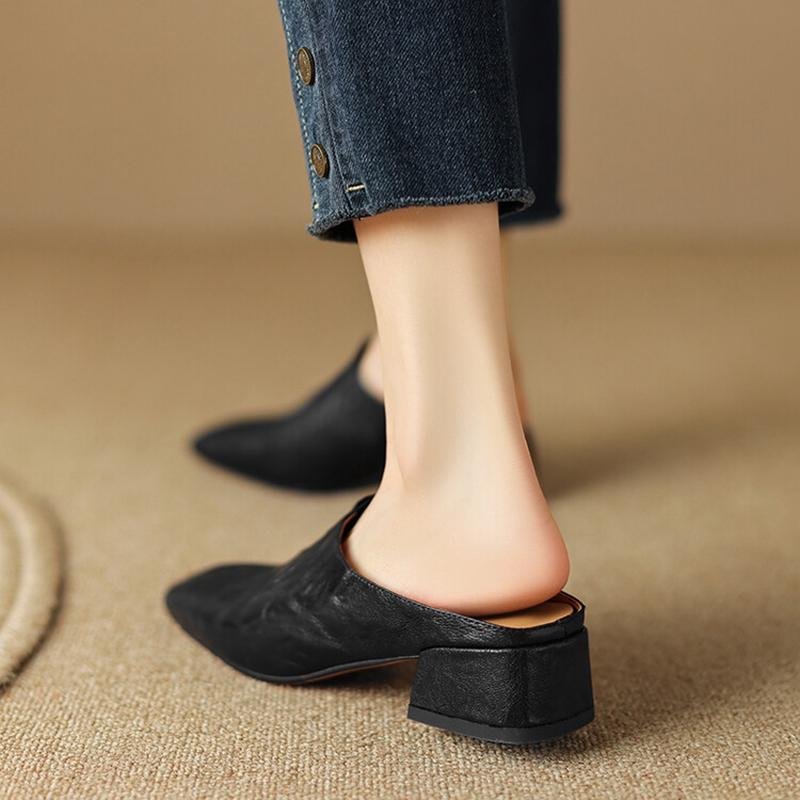 Fashion Genuine Leather Shoes Women Square Toe Chunky Heel Women Mules Concise Sheepskin Women Slippers Black Handmade Shoes for Women