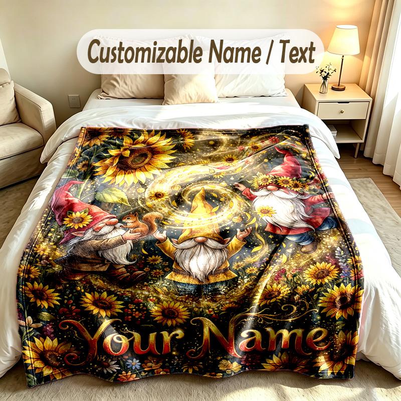Gnome Theme Custom Blanket Personalized Name & Text Customized Soft Warm Throw Blanket Home Decor