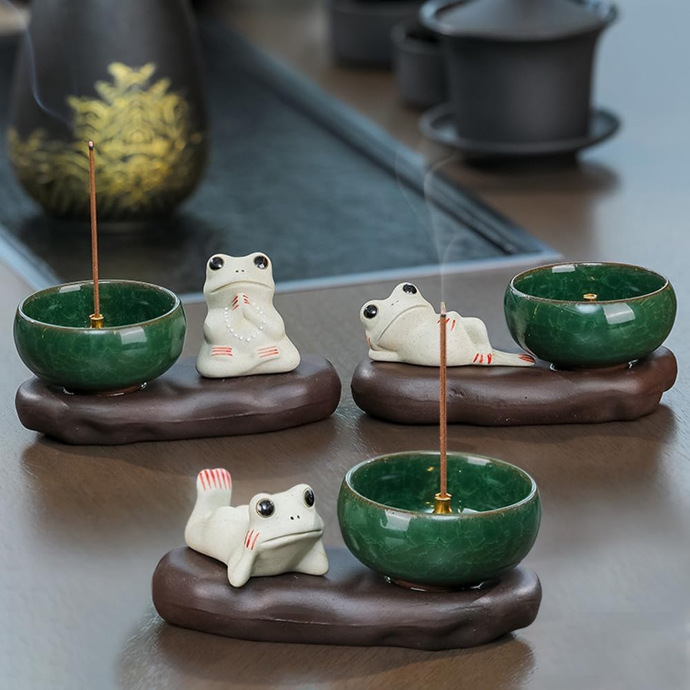 HIGHAWK Incense Burner, Stick or Spiral Incense Holder, Cute Ceramic Frog Ornament, Ideal for Study, Meditation, Sleep, and Home Decor (Frog C)
