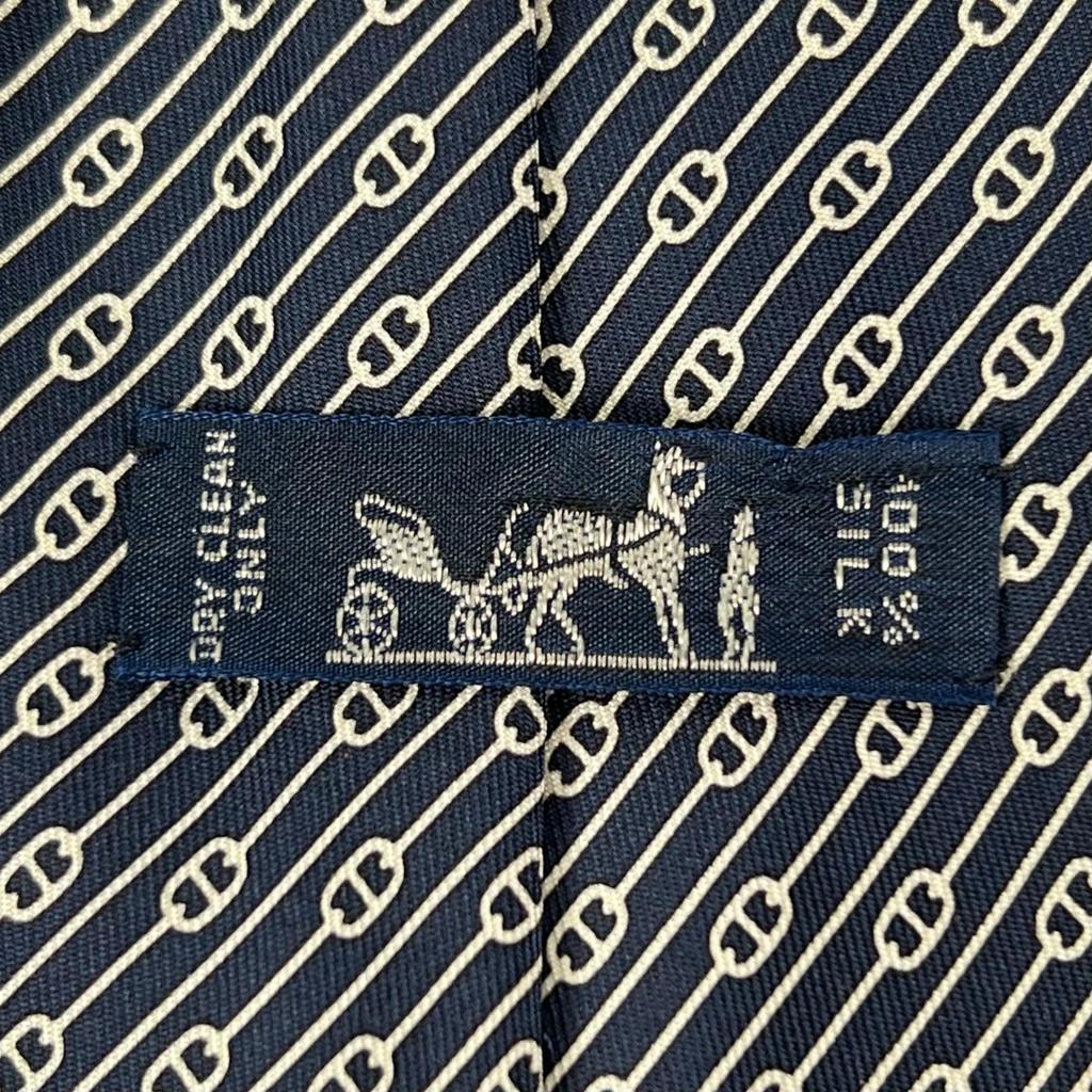 Pristine HERMES tie Chaine Pattern Navy silk mens 5500 UA Used