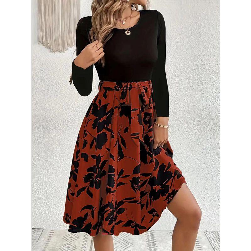 

and American Cross-Border Export Autumn and Winter Women Slim fit Temperament Long sleeve dress Lace-up Print Slimming Skirts round Neck Plus size Burgundy 2XL (Bust size 112)