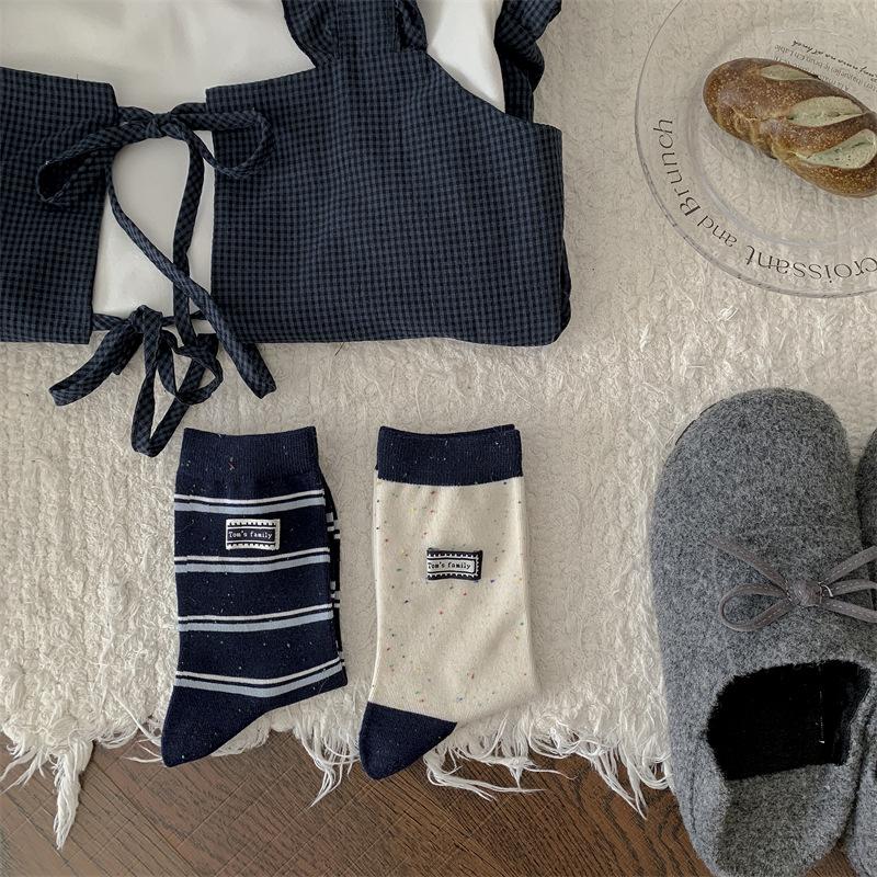 Navy Blue Series ~ Fabric Label Letter Socks, Women's Dot Yarn Contrasting Color Striped Pure Cotton Pile Socks, Mid-calf Socks