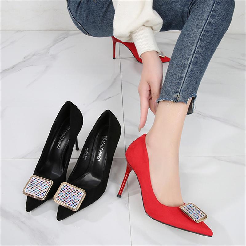 Women Fetish 9 .5cm High Heels Wedding Classic Pumps Lady Stiletto Point Toe Red Heels Black Office Stripper Crystal Shoes