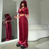 Fashionable Sexy Warm Velvet Women's Hooded Navel Waist Coat Drawstring Trouser Suit