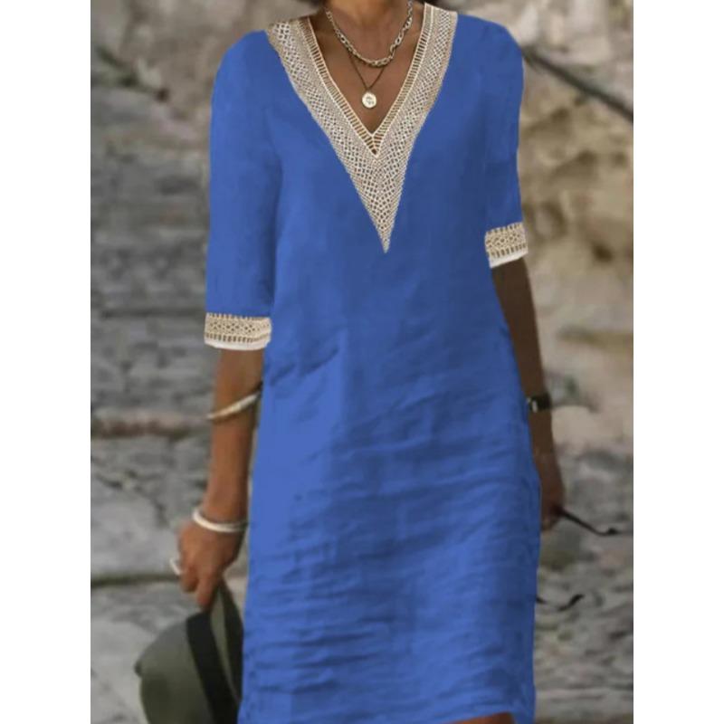 Spring and Summer Solid Color V-neck Cotton and Linen Dress