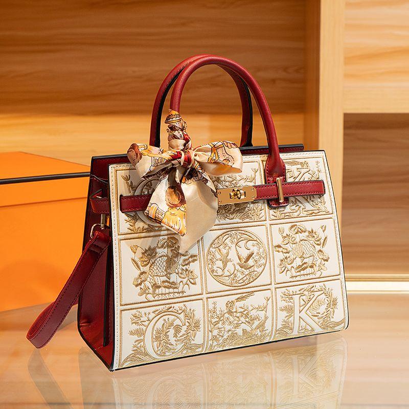 

Bag Women s National Style Elegant to Give Mom Wedding Banquet Embroider Apricot color(Send silk scarf + gift bag)