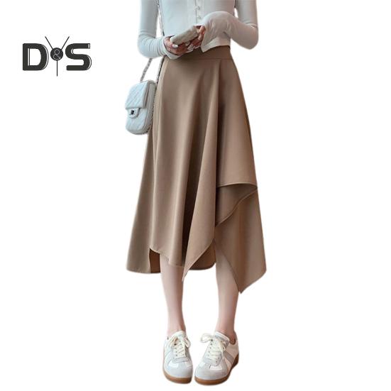 

Женская юбка миди с высокой талией и неровным подолом, однотонная юбка А-силуэта средней длины с широким подолом, повседневная одежда S хаки