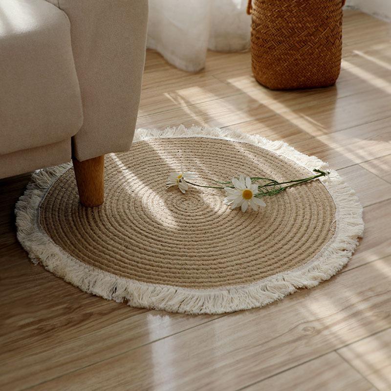 Cotton Linen Woven Tassel Floor Mat Nordic Style Rope Woven Round Carpet For Homestay Study Tea Table French Window Decor  45x45cm