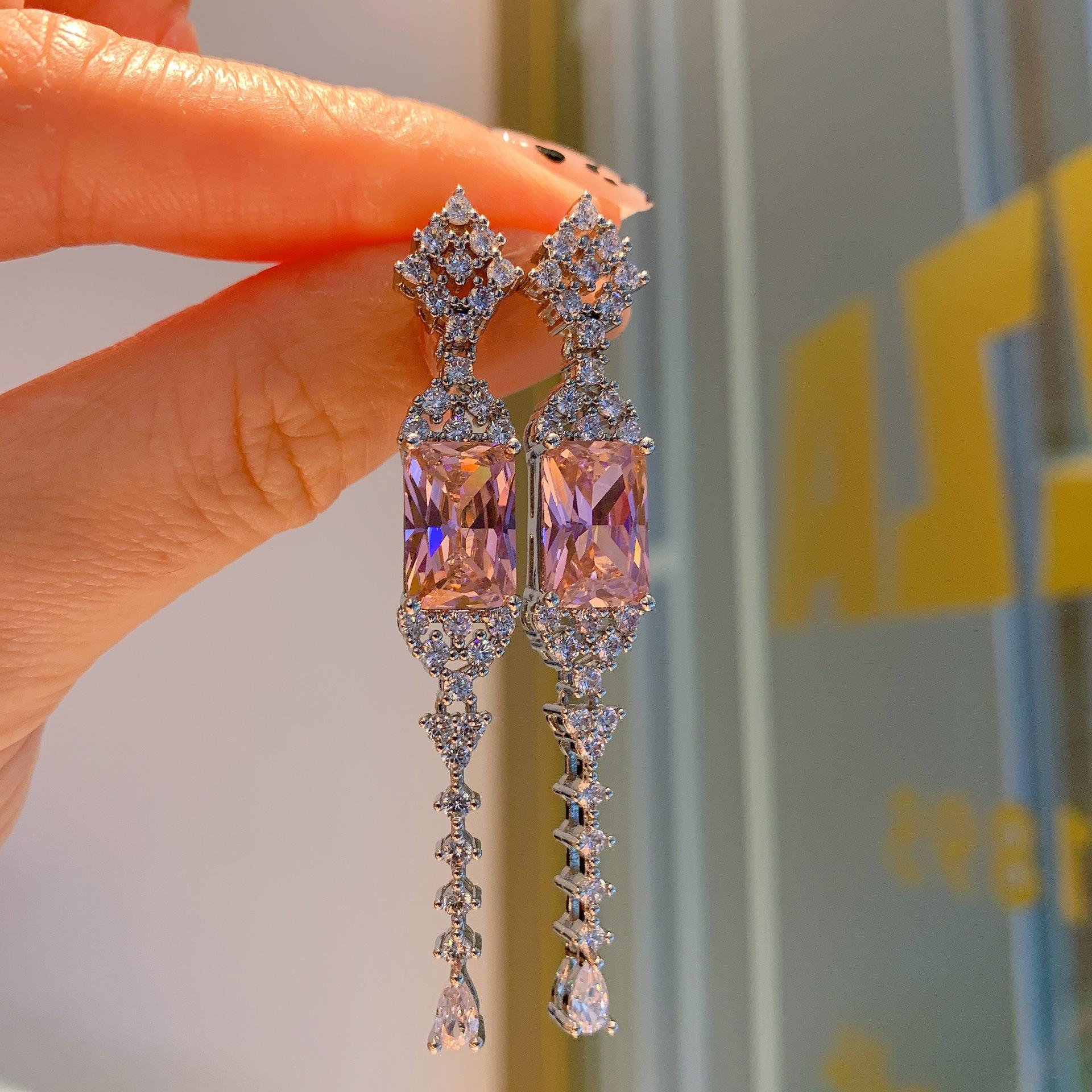S111 silver needle earrings colored zircon fringed earrings European and American Paraiba long earrings