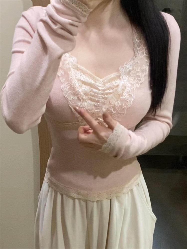 2026 Pure Desire Korean Sweet Girl Lace Patchwork Base Layer Top: Slimming, Versatile, and Stylish Women's Wear