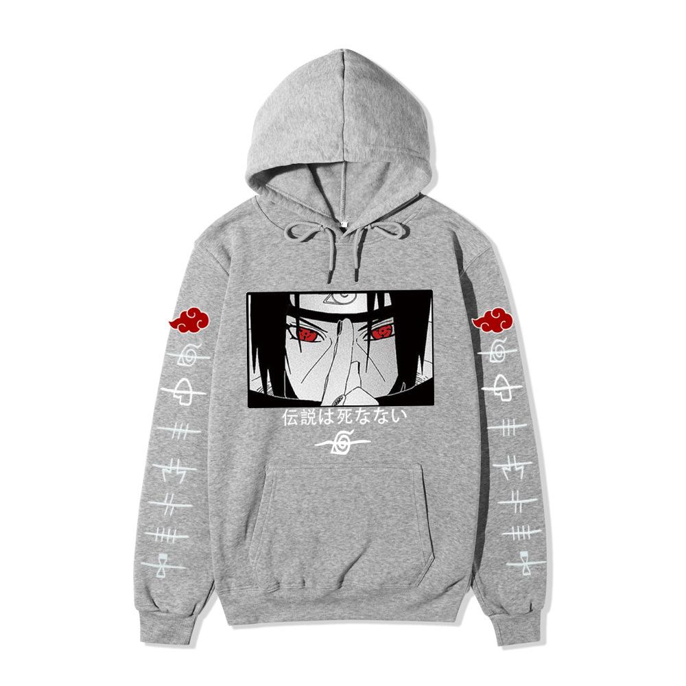 Anime Naruto Itachi Uchiha Hoodie Double Sleeve Akatsuki Cloud & Symbol Print Sharingan Character Front Print Pullover Sweatshirt Men Women Streetwear