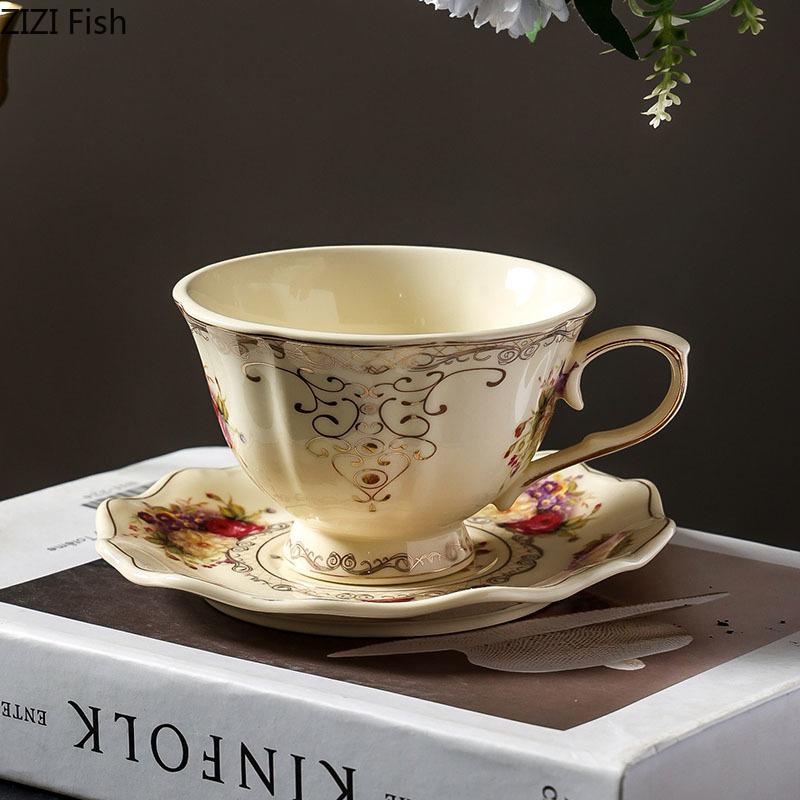 Vergoldete Spitze Rand Blume Keramiktasse&Untertasse Esstisch Kaffeetasse Milchteetassen Nachmittagstee Teetasse Fruchtsaftbehälter