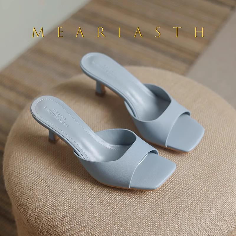 Women's High Heel Slippers Luxury Cowhide Leather Slippers Square Head Mules Slippers Summer Open Toe High Heel Slipper