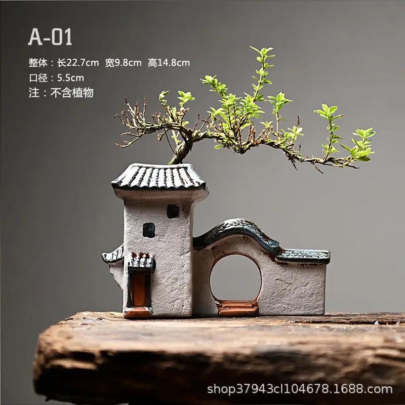Courtyard Modelling Ceramic Flower Pots Huizhou Architectural Bamboos Pot Planting Pots Fish Tank Aquascape Ornament Decorations