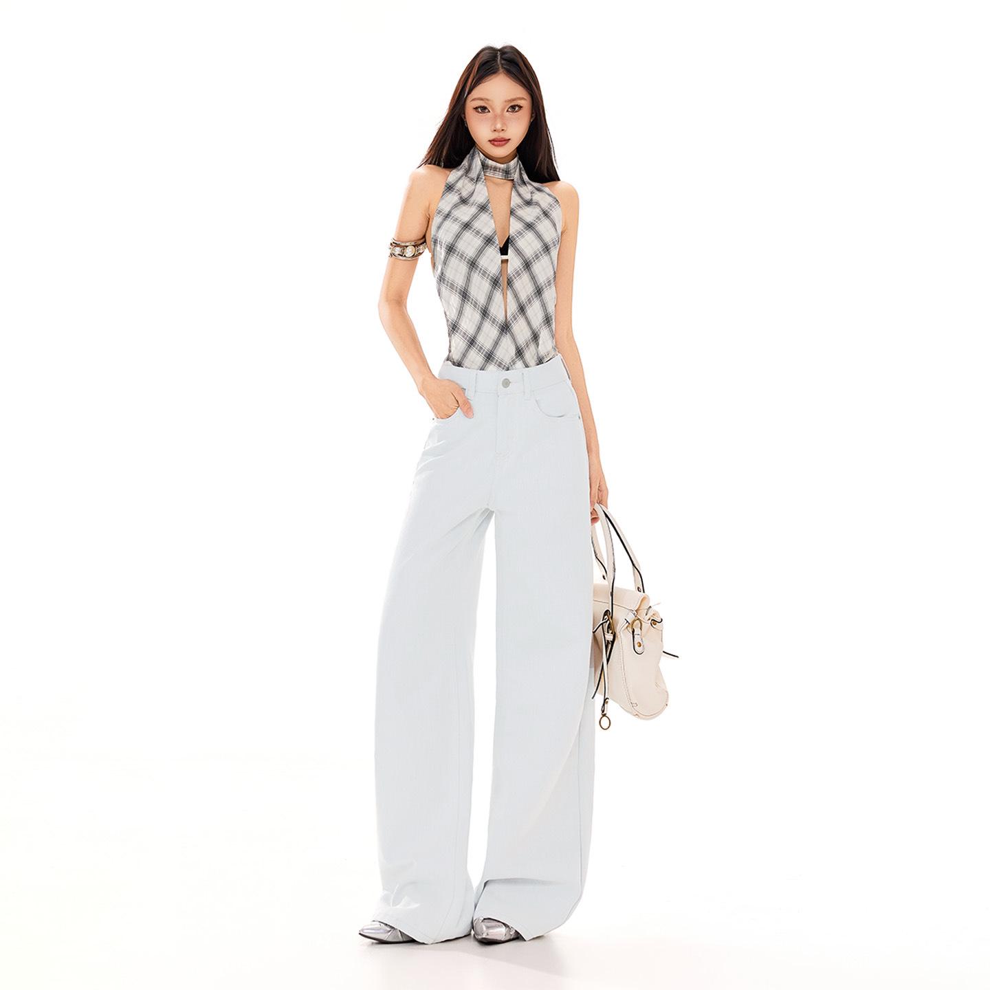 

White-Grey High-Waisted Women s Wide-Leg Jeans - 2026 Spring/Summer Slimming Loose Straight Floor-Length Pants S