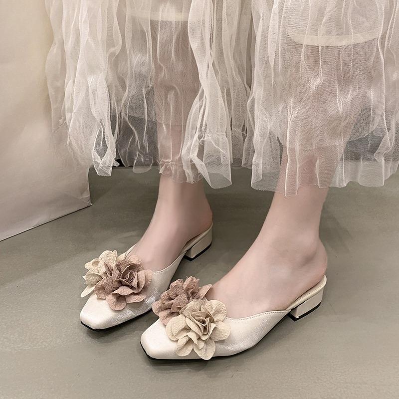 Flower High Heeled Sandals Designer Women Slippers Mules Shoes Elegant Square Toe Summer 2026 Dress Pumps Trend Chunky Mujer