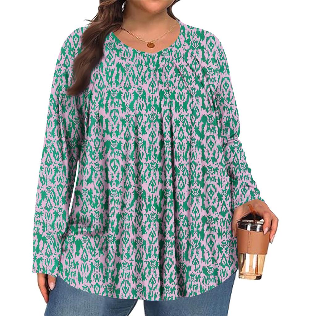 Dámská móda plus size Tištěný ležérní plisovaný top s kulatým výstřihem a dlouhým rukávem