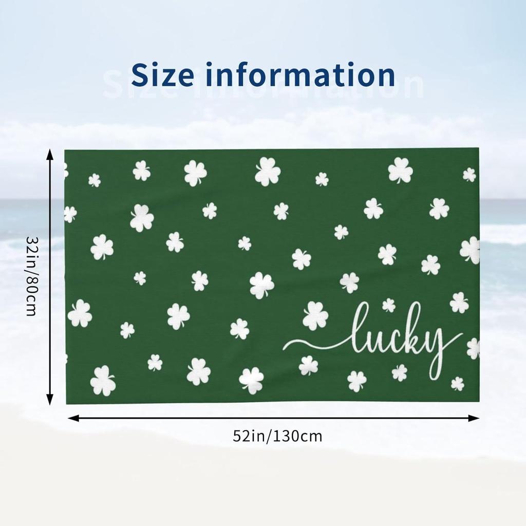Saint Patrick's Day Lucky Clover Beach Towel, Green Shamrock Lightweight Bath Towels, Quick Dry Absorbent Microfiber Swim Yoga
