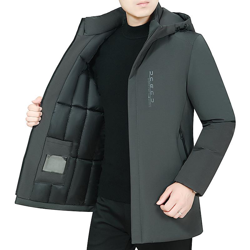 Men's Winter Hooded Mid-Length Cotton Coat for Seniors - Thick, Plus Size Padded Jacket