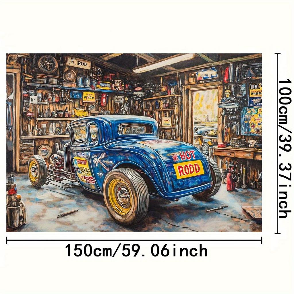 1 piece of 2D flat banner retro garage background banner - designed in hot car and rural workshop style
