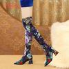 Aphixta Over the Knee Boots Embroider Flower Square Heels Shoes Women's Long Shoes Casual Pointed Toe Long Boots Women