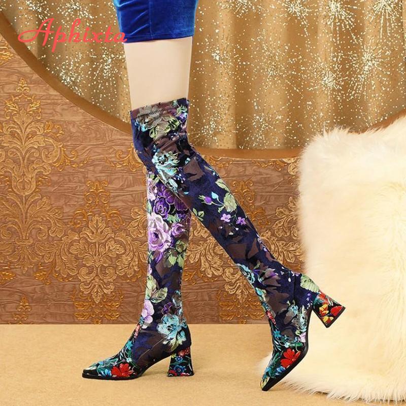 Aphixta Over the Knee Boots Embroider Flower Square Heels Shoes Women's Long Shoes Casual Pointed Toe Long Boots Women