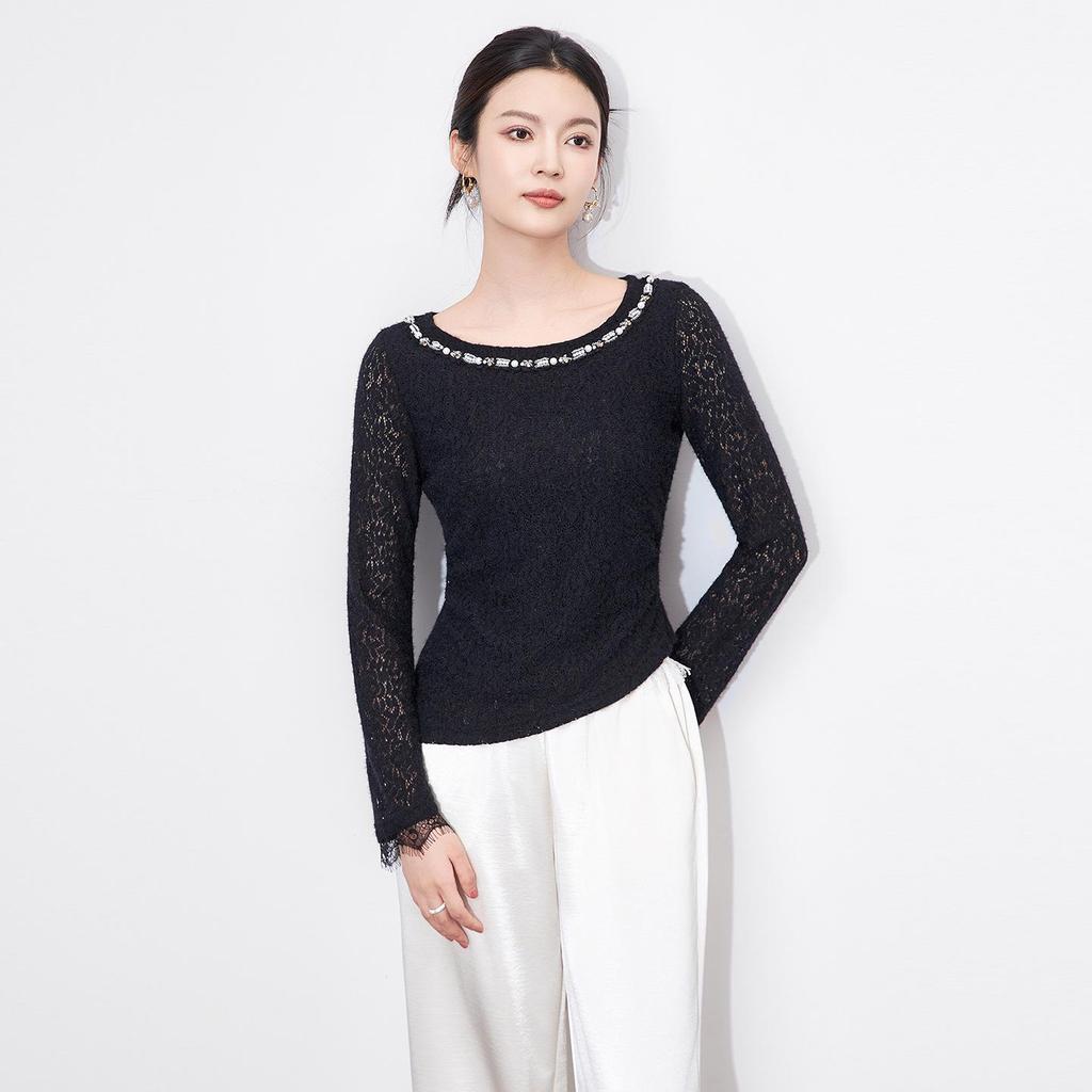 Nanyou Elegantes Französisches Ein-Schulter Perlen-Spitzen-T-Shirt