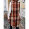 VEZFAA Women's Fashion Casual Plaid Print Autumn Winter Sleeveless POLO Neck Jackets & Coats
