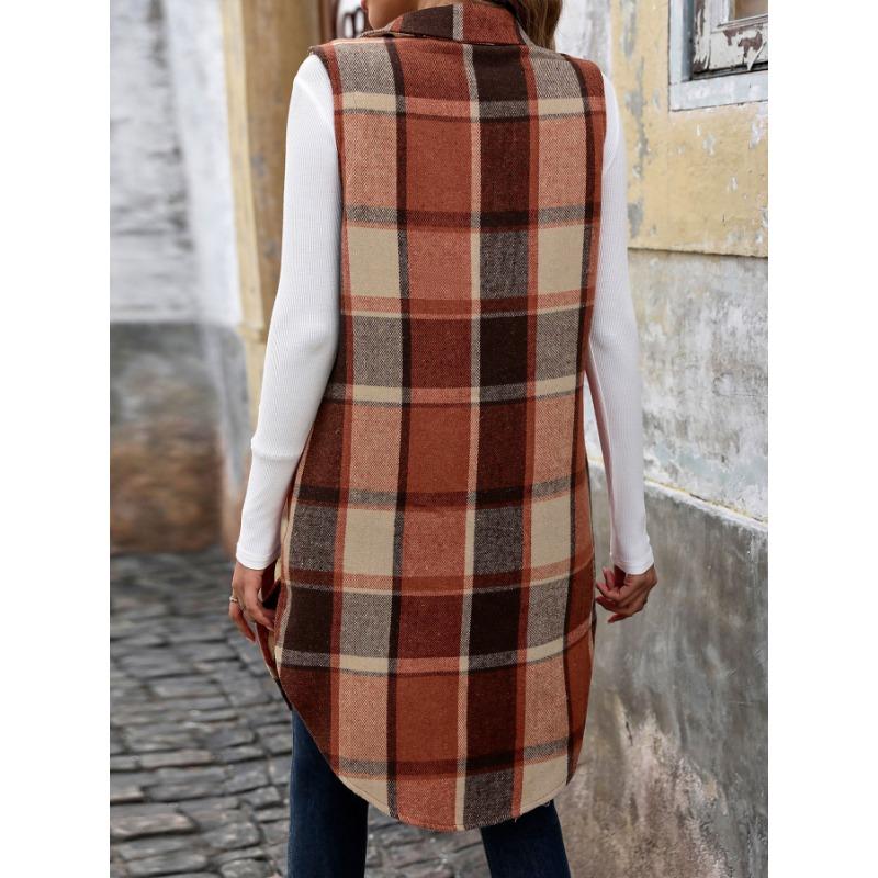 VEZFAA Women's Fashion Casual Plaid Print Autumn Winter Sleeveless POLO Neck Jackets & Coats