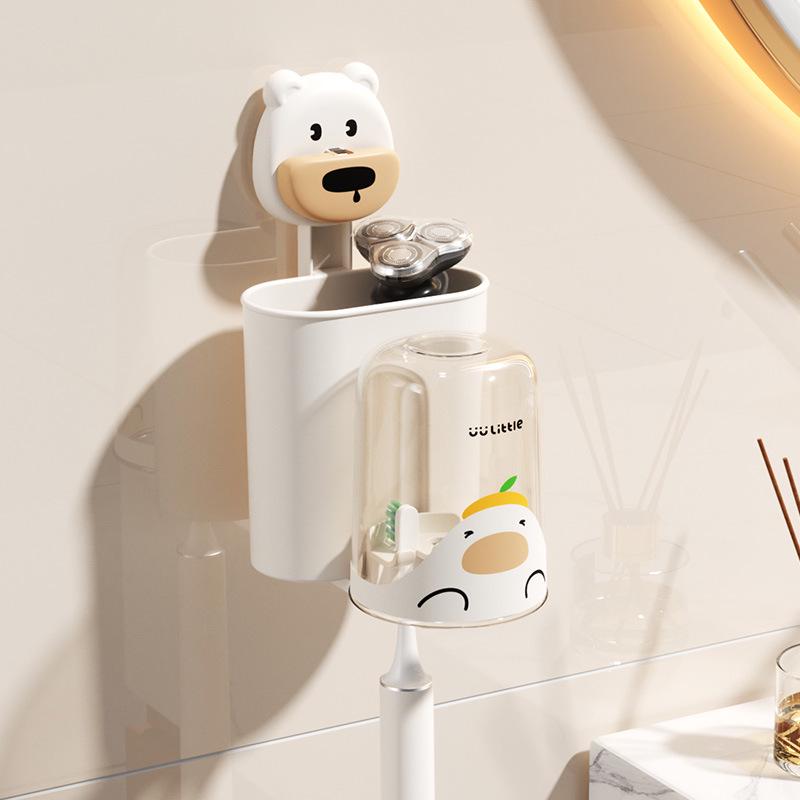 

Cartoon Toothbrush Holder & Cup Rack: Punch-Free, Wall-Mounted, Cute Design for Kids Bathroom.