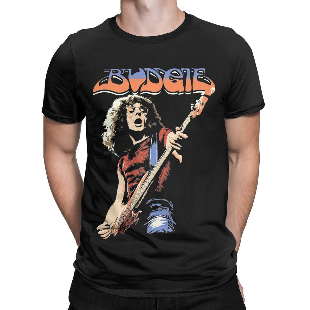 Budgie Band Burke Shelley Guitar T Shirt Men's Cotton Funny T-Shirts Round Collar Tees Short Sleeve Tops Plus Size