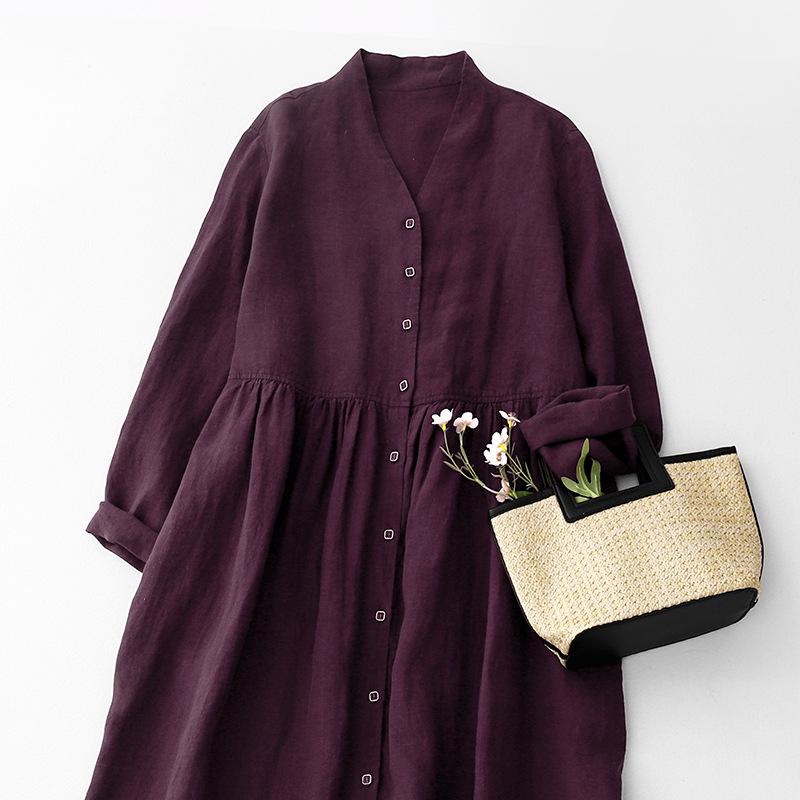 2025 Wiosna/Jesień Damska Bawełniana Lniana Sukienka z Dekoltem w Serek w Kolorze Klawretowym z Otwartym Przodem Dwuwarstwowa z Długim Rękawem Wyszczuplająca