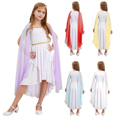 Girls Greek Toga Princess Costume Sleeveless Flowy Dress Patchwork Zipper Halloween Party Headband Included