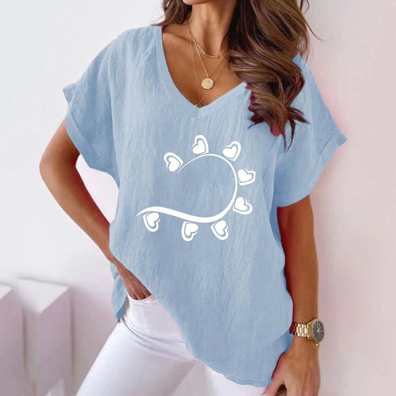 

Лето 2023, женская повседневная хлопковая конопляная футболка с v-образным вырезом и принтом «Летучая мышь» и короткими рукавами S синий