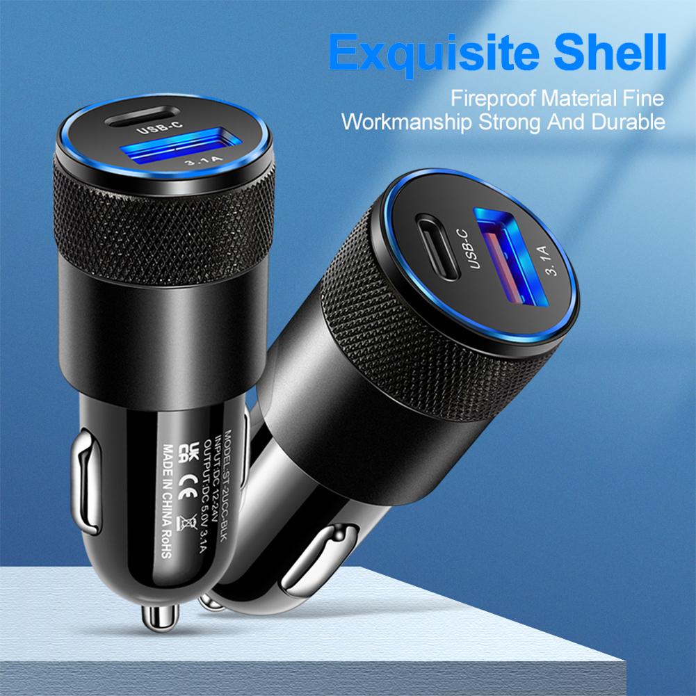 Type C USB 2 Port Car Charger Phone Charger 3.1A Fast Charging 12V 15W Cigarette Lighter Adapter Power Outlet for iPhone Samsung
