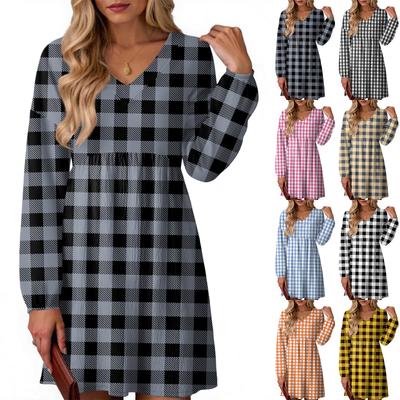 Women's Fashion Plaid Print V-Neck Long Sleeve Dress