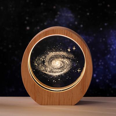 3D Engraved Planet Night Light Luminous Crystal Desktop Ornament Wooden Base Birthday Gift Student Present
