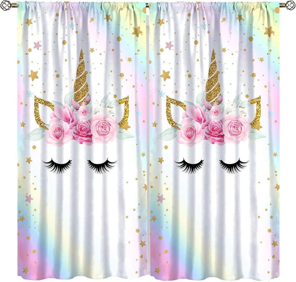 Purple Unicorn Curtains Girls Fantasy Mystery Fairytale Clouds Stars Magic Unicorns Window Drapes Kids Nursery Made Of Polyester
