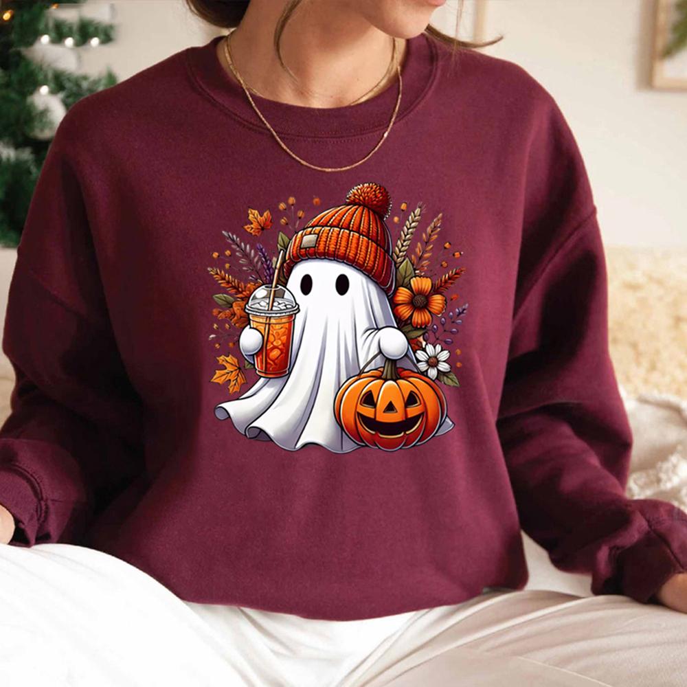 Halloween Cute Ghost Sweatshirt Halloween Pumpkin Spice Sweatshirt Women's Sweater Spooky Season Sweater Trick or Treat Pullover