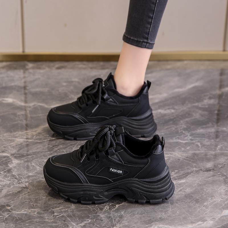 Fleece dad shoes new winter platform heightening sports shoes casual leather cotton shoes