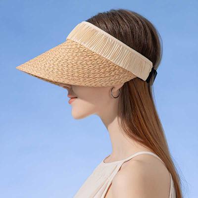 Designer Empty Top Hat Women Pleated Hair Hoop Spliced Breathable Straw Hat Outdoor Large Brim Sun Protection Summer Beach Cap
