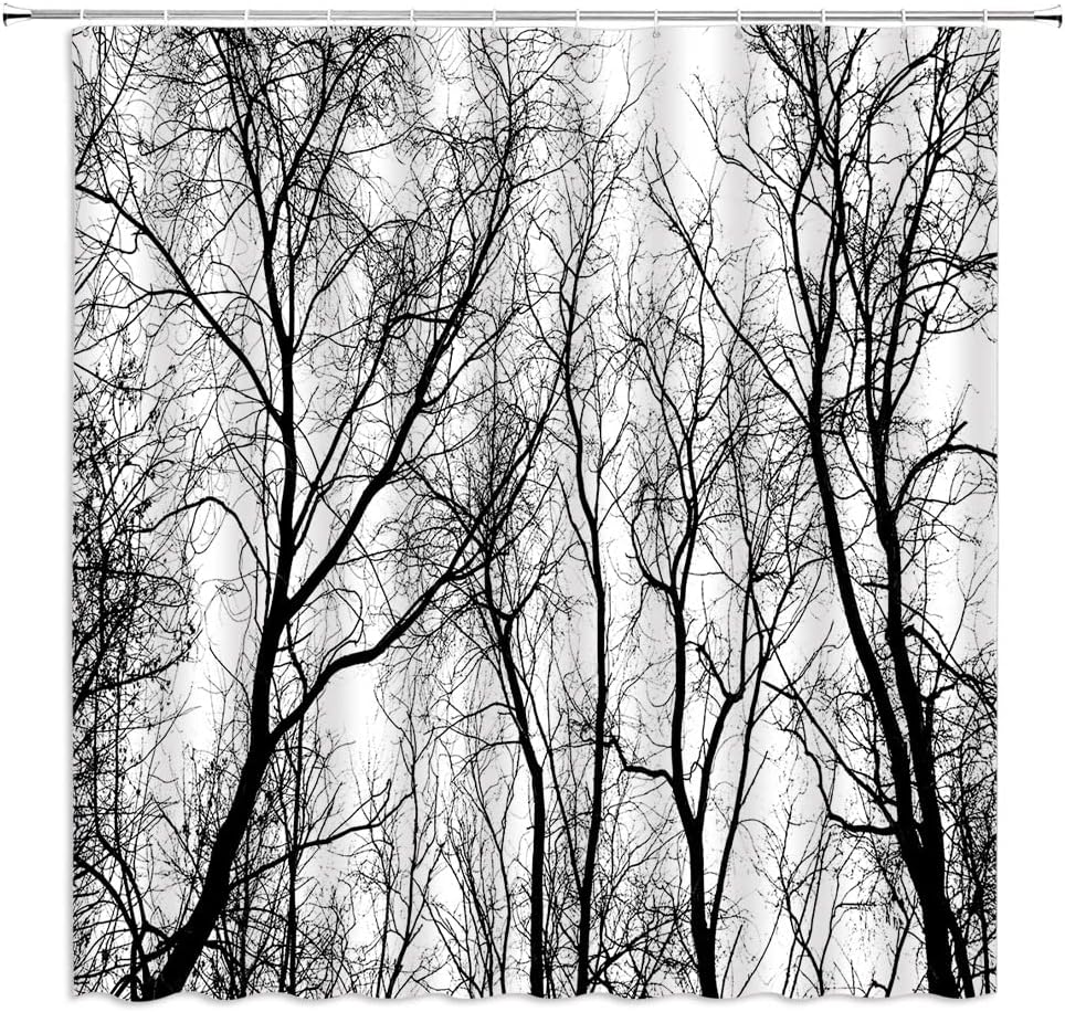 

Rustic Tree Shower Curtain Black White Tree Leafless Trunk Abstract Forest Branch Nature Vintage Country Style Bathroom Decor W60H190(CM)-1 Pcs