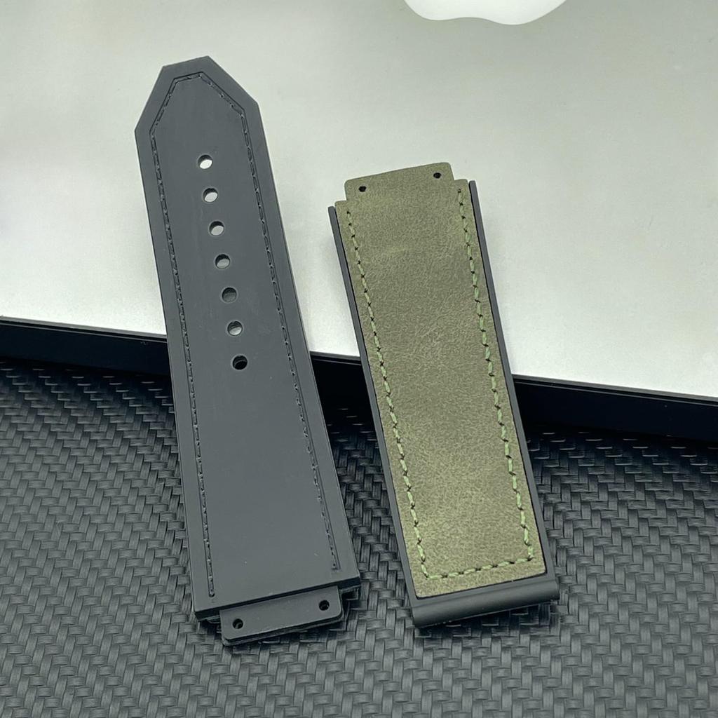 [HEZKUGU] Rubber Sole and Matte Genuine Cowhide Leather Watch Band Compatible with Hublot Watches, 25 X 19 Mm, Unisex (Green)