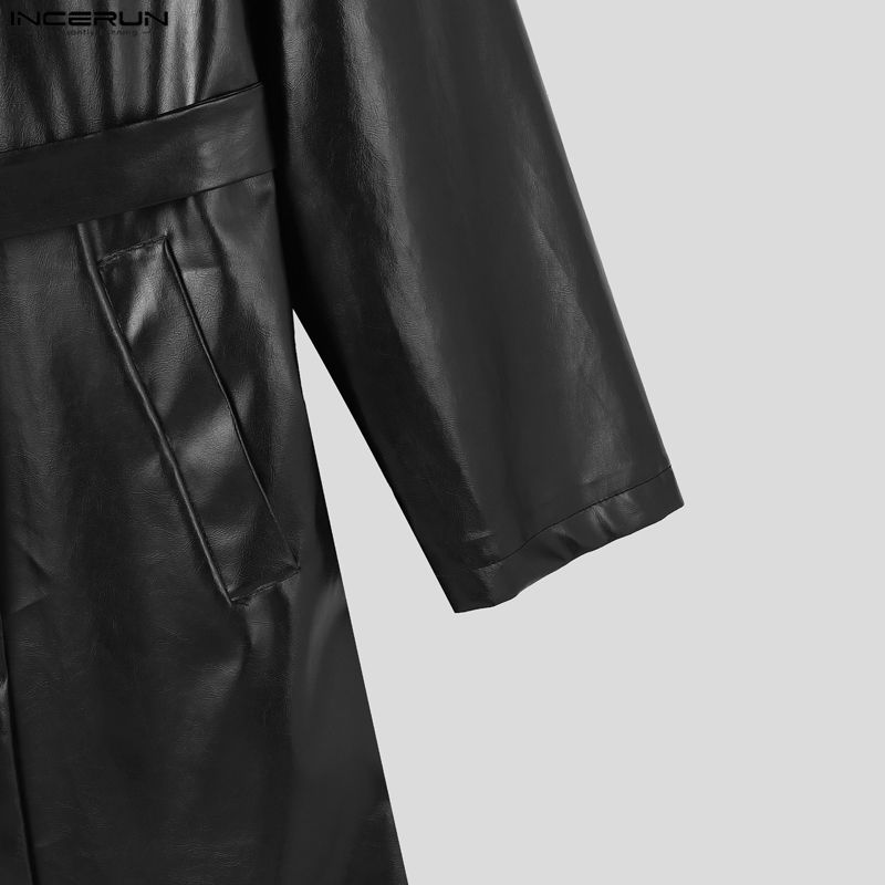 INCERUN Winter Men Long Sleeve Long PU Leather Coats Overcoat Outerwear