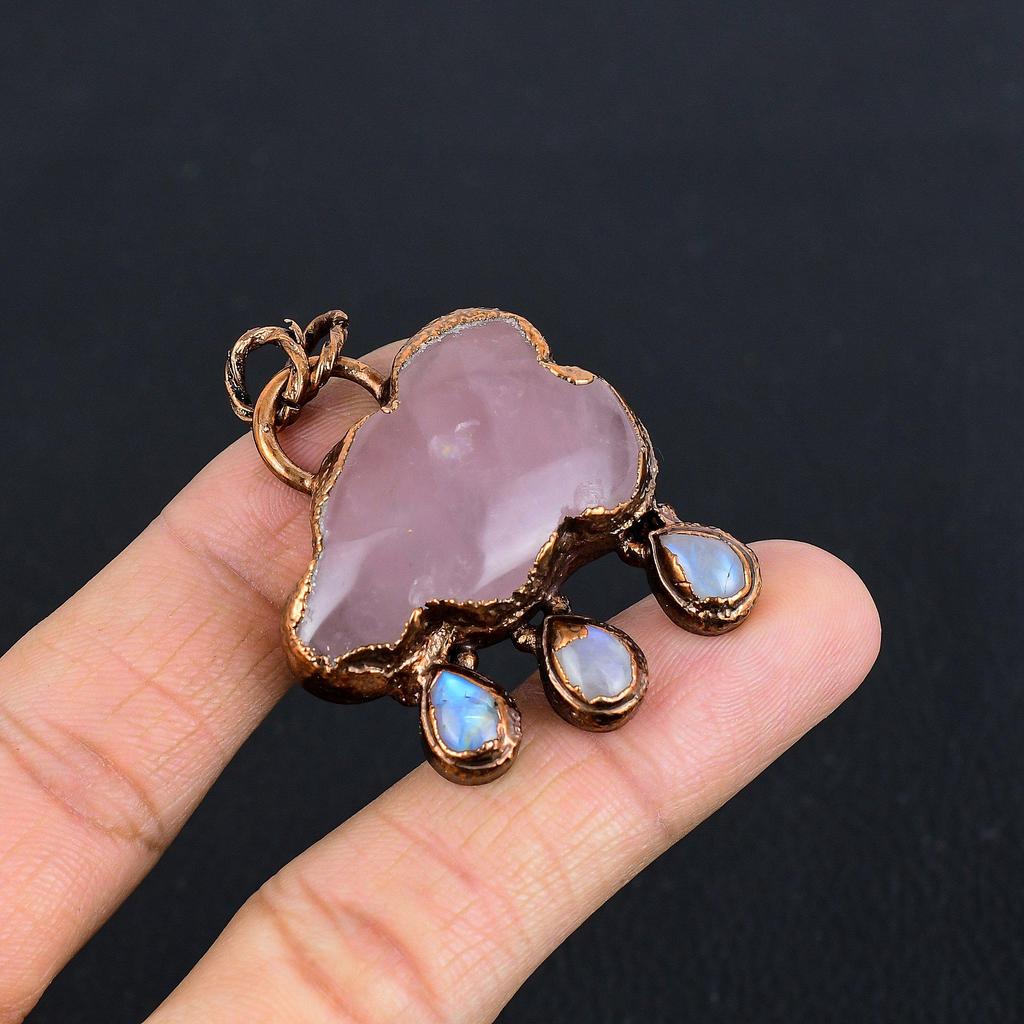 Rose Quartz Jewelry, Copper Electroformed Pendant Handmade Gemstone Jewelry, Gifts For Wife Brand New Pendant